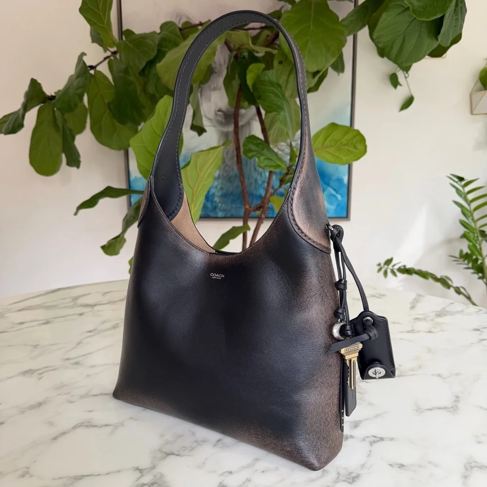 Coach Brooklyn Shoulder Bag 28 In Loved Leather Silver Black Brown CBH44 Ergo - Picture 3 of 16